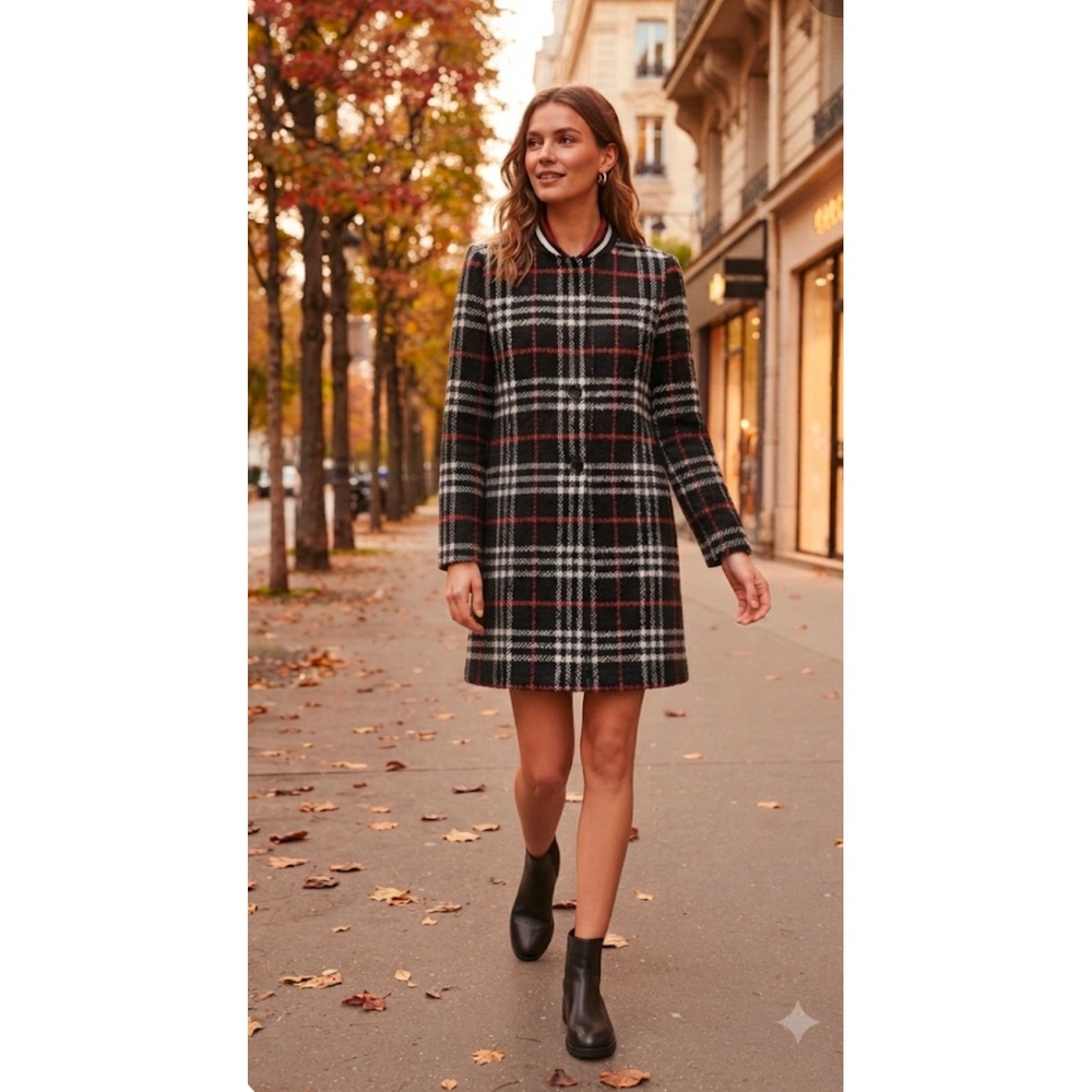 Scotch & Soda Maison Scotch Plaid Wool Blend Coat Varsity Collar Black Orange